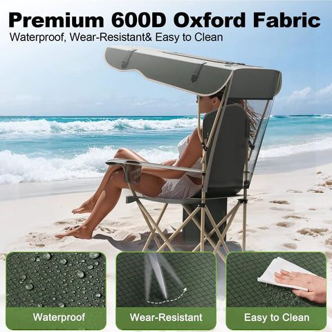 Canopy Camping Chair Foldable With Sun Shade For Beach And Outdoors with person relaxing at the beach showing fabric features