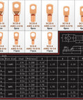 Copper Battery Cable Ends And Wire Lugs Assortment Kit With AWG 2 4 6 8 10 Gauge, product diagram and specifications