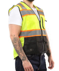 Side view of man wearing High Visibility Safety Vest With Front Pockets Yellow Black Class 2 ANSI ISEA Approved Reflective Tape Medium