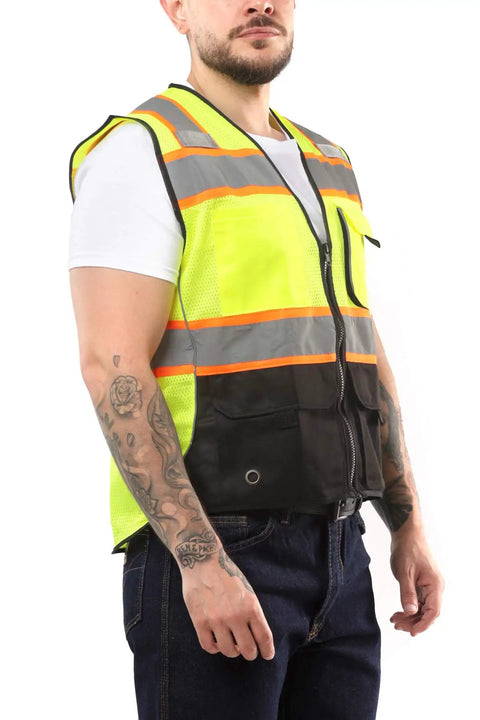 Side view of man wearing High Visibility Safety Vest With Front Pockets Yellow Black Class 2 ANSI ISEA Approved Reflective Tape Medium