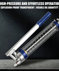 Pro Single Lever Grease Tool With Aluminum Body, high pressure manual grease pump on dark background showing clear barrel.