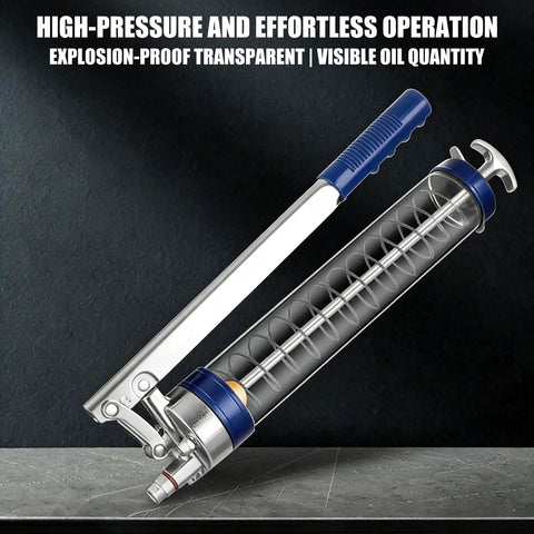Pro Single Lever Grease Tool With Aluminum Body, high pressure manual grease pump on dark background showing clear barrel.