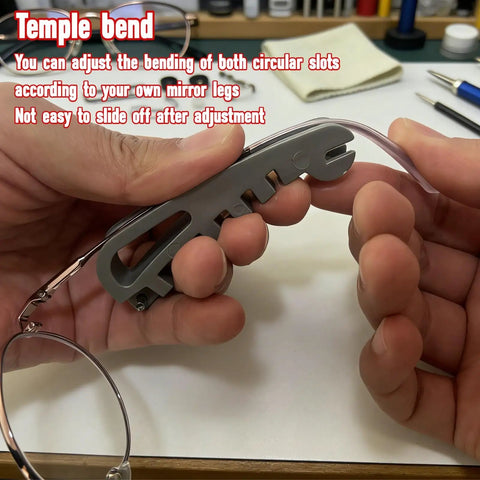 Eyeglass Frame Adjustment Kit With 3 In 1 Screwdriver Tool For DIY Glasses Repair Curvature Bender Temple Arms And Nose Pads Adjuster Tighten Loose Frames At Home In A Jiffy, showing use for temple bend adjustment.