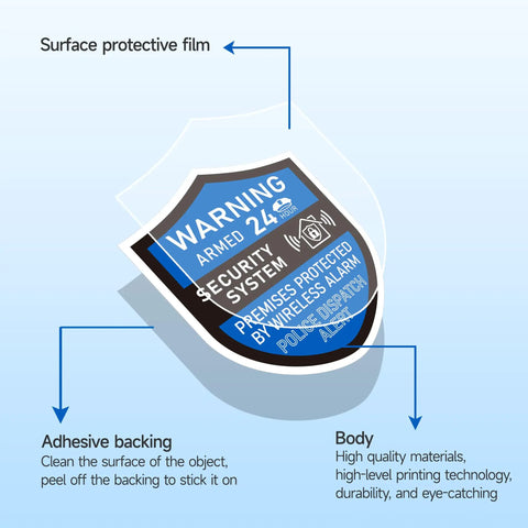 3 Pack Home Security Alarm Signs Weatherproof Self Adhesive 24 Hour Warning Stickers for Doors and Windows, close-up view showing adhesive backing and protective film.
