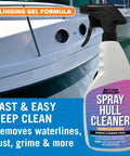 Bottle of Fiberglass Boat Hull Cleaner Gel 22oz Marine Grade Tough Stains Remover And Restorer near boat hull.