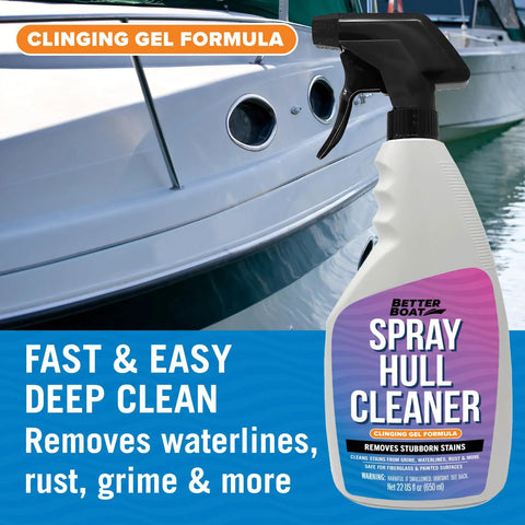 Bottle of Fiberglass Boat Hull Cleaner Gel 22oz Marine Grade Tough Stains Remover And Restorer near boat hull.