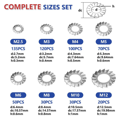 555-piece 304 stainless steel external-tooth lock washer assortment (M2.5–M12), 8 sizes, silver tone