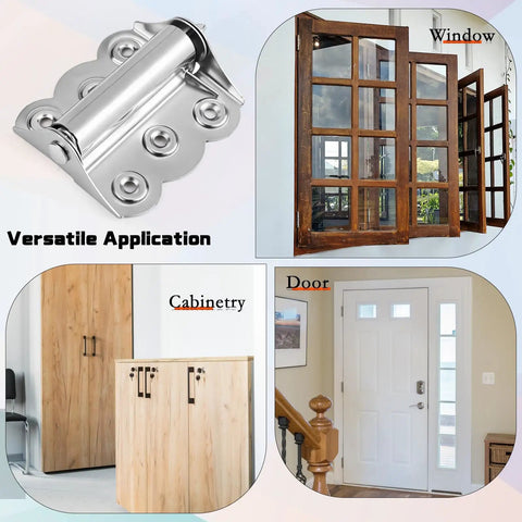 Collage featuring Spring Loaded Stainless Steel Screen Door Hinges Set For Storm Doors with examples of versatile use on windows and doors.