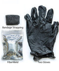 FiberWeld Automotive Repair Cast Kit Black 2 Inch Wide By 36 Inch Long Fiberglass Wrap With Resin laid out with gloves.