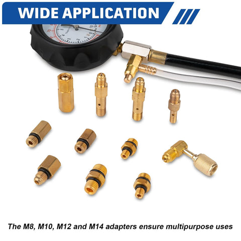 Jiimee fuel pressure tester kit with multi-size brass adapters and gauge for diesel engines