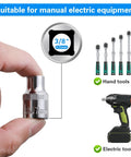 Hand holding 7mm socket with 3/8-inch drive; part of 10 Piece 7mm Shallow Sockets Set With Three Eighths Inch Drive 6 Point Corrosion Resistant