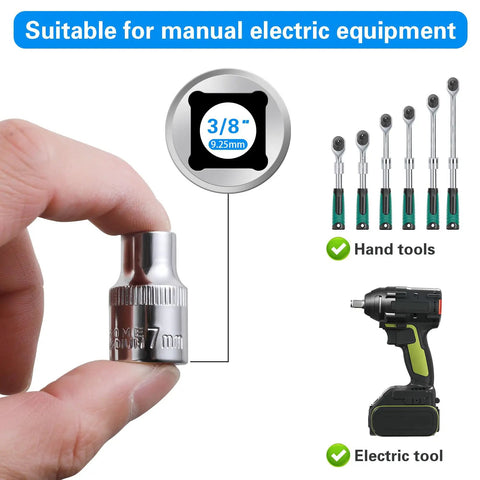 Hand holding 7mm socket with 3/8-inch drive; part of 10 Piece 7mm Shallow Sockets Set With Three Eighths Inch Drive 6 Point Corrosion Resistant
