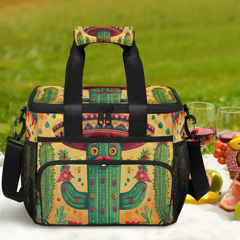 Insulated Picnic Backpack Lunch Box For Women And Men Portable Tote Cooler Bag with colorful cactus design on picnic setting