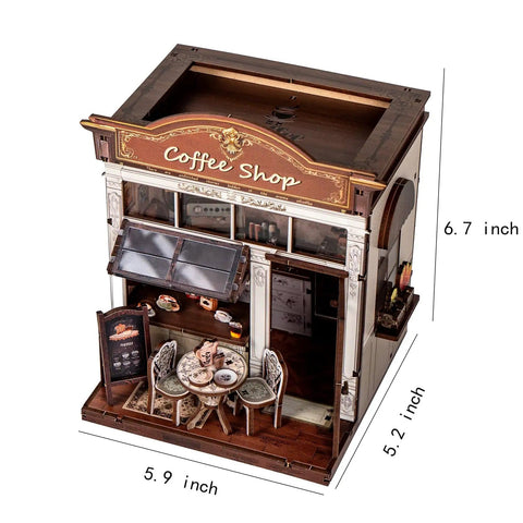 DIY Miniature Coffee Shop Kit With LED Light For Adults Teens And Kids, 3D Wooden Puzzles, Dollhouse Craft Kit front view