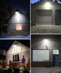 LED Barn Flood Light Dusk To Dawn 55W 6600LM illuminating barn, garage, and porch at night, highlighting waterproof IP65 aluminum housing.