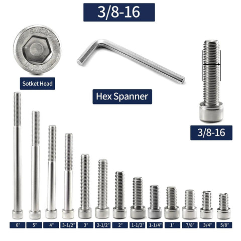 Twenty Pack Of Three Eighth Inch By One Inch Socket Head Cap Screws And Rock Solid Bolts Made From Premium 304 Stainless Steel With Full Thread And Allen Hex Drive Built Tough For Heavy Work Without Rust Nonsense displayed with various sizes and hex spanner.