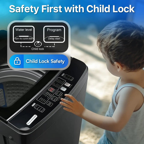 Safety features of Built Tough 27 Lbs Full Automatic Washer And Spinner Combo with child lock and control panel.