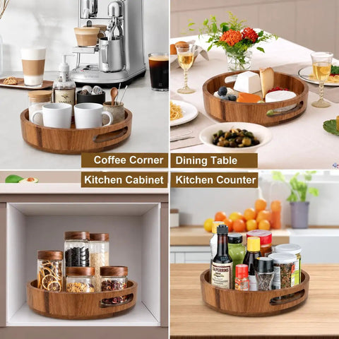 Straight Up Premium Acacia Wood Lazy Susan Turntable Organizer used in coffee corner and dining table for easy access to items.