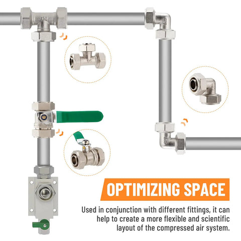 Three Quarter Inch Tee Air Fitting For Compressed Air Systems, Nickel Plated Brass With Double O Ring Seals, 200 PSI, installed view