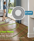 High Performance 2500W Handheld Steam Cleaner With Auto Stop And 15 Piece Accessory Kit being used on hardwood floor, with adjustable steam settings.