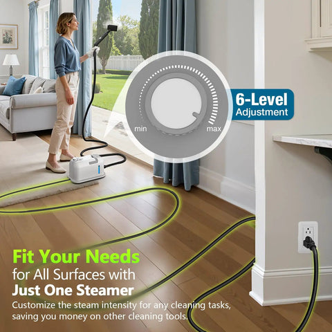 High Performance 2500W Handheld Steam Cleaner With Auto Stop And 15 Piece Accessory Kit being used on hardwood floor, with adjustable steam settings.