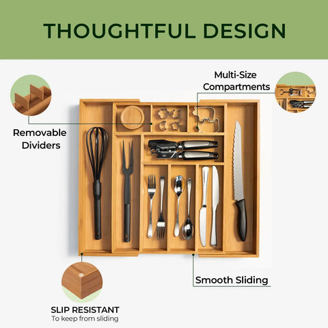 Carbonized Bamboo Expandable Kitchen Drawer Organizer, 13 To 19.6 Inches Wide, 10 Slot Silverware Tray With Removable Dividers