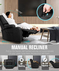 Black Rocking Recliner Chair With Massage And Heat, 360 Degree Swivel Faux Leather Lounge Chair with extended footrest