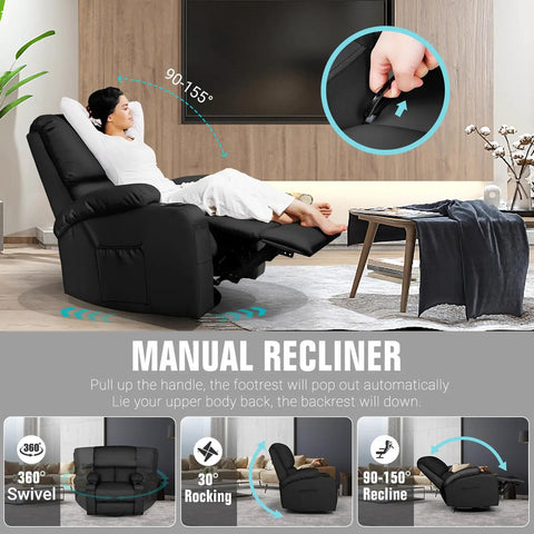 Black Rocking Recliner Chair With Massage And Heat, 360 Degree Swivel Faux Leather Lounge Chair with extended footrest