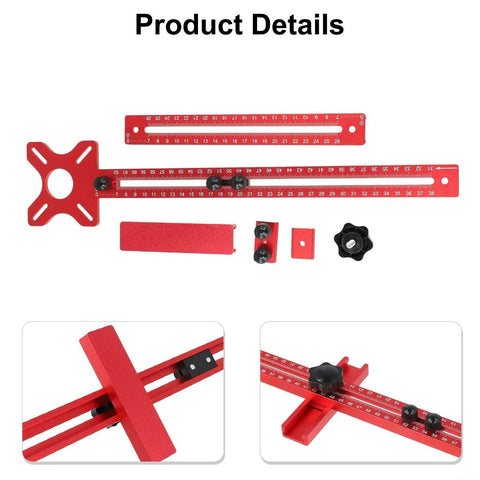 Pro Grade Aluminum Milling Base Fixture With Red Groove Quick Disassembly Jig For DIY Friendly Woodworking Cabinets And Router Trimmer Circle Bracket Durable Alloy Build Delivers Precise Cuts And Easy Setup. Red aluminum router groove milling base fixture with scale, knobs, and clamp parts