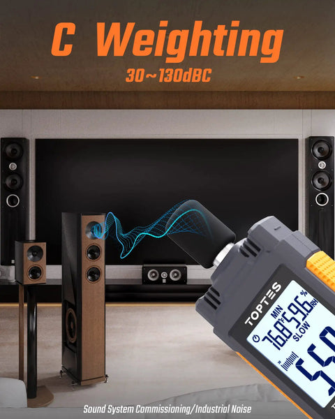 Dope Sound Level Meter With Backlit 2.25 Inch LCD For Home And Office Use Portable Decibel Tester 30 To 130 dB Range A Weighted Max Min Data Hold Perfect For Noisy Neighbors And Factory Noise Checks. C-weighting display in living room