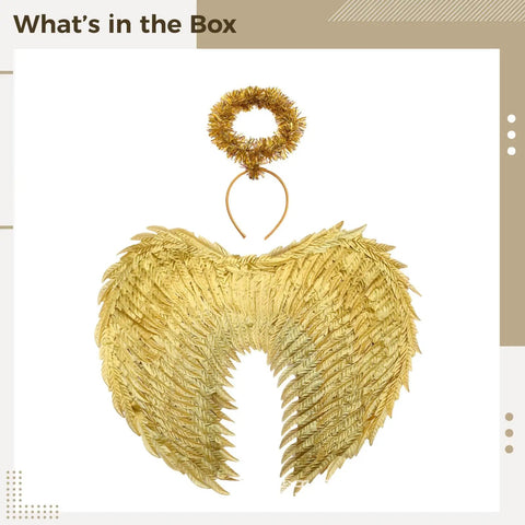 Gold Foil Wings And Angel Wing Headband Set For Girls With Glittery Feather Wings And Matching Headband Perfect For Halloween Costumes Carnival Festivals Party Cosplay Accessories shown.
