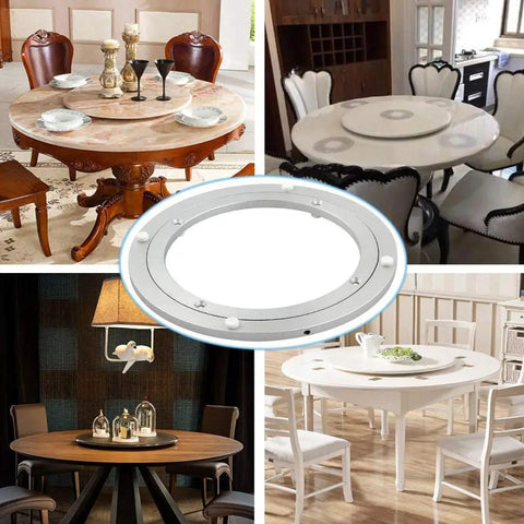 The Real Deal Built Tough Aluminum Lazy Susan Turntable Base Featuring Smooth Ball Bearing Swivel Plate And High Quality Rubber Feet For 10 Inch Tabletop Upgrade displayed on various dining tables.