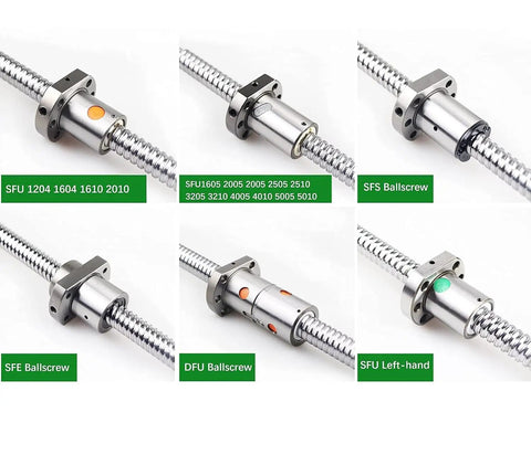 Various ball screws showcasing different models including SFU 1204 featuring 12mm Ball Screw SFU1204 Anti Backlash With Nut.