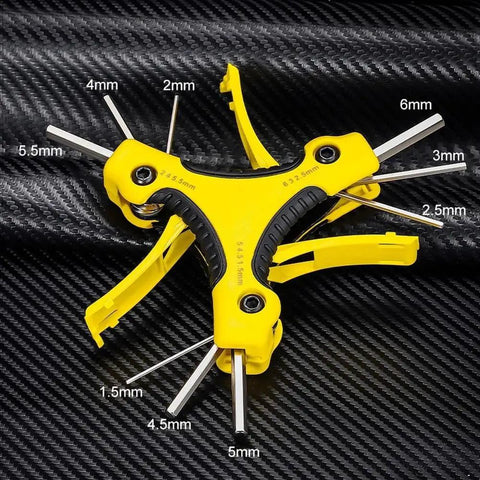 Super Sweet 9 Piece Foldable Hex Key Wrench Kit Made From Tough Chrome Vanadium Steel Perfect For Bike Repair And Home Fixes Including Sizes From 1 5Mm To 6mm So You Can Get Any Job Done Without Stressing Out. yellow foldable hex key wrench kit with 1.5mm to 6mm sizes on carbon fiber background