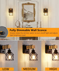 Badass Dimmable Wall Sconces Set Of Two With Rotary Switch And Black Metal Cage With Wooden Post Featuring Hardwired Farmhouse Wall Lamps For Your Great Home Glow in low, medium, and high brightness settings.