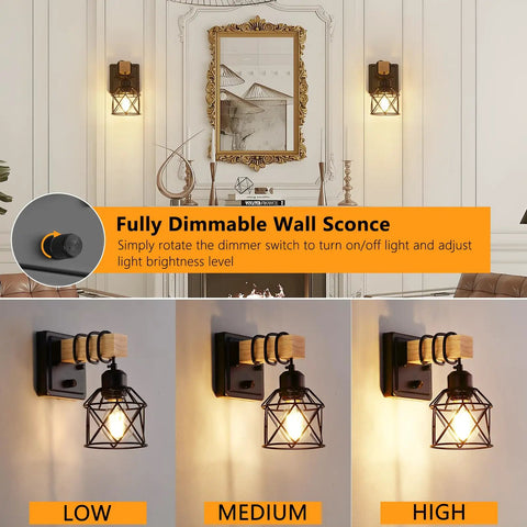 Badass Dimmable Wall Sconces Set Of Two With Rotary Switch And Black Metal Cage With Wooden Post Featuring Hardwired Farmhouse Wall Lamps For Your Great Home Glow in low, medium, and high brightness settings.