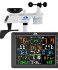 14 In 1 Wireless Weather Station With Outdoor Sensor And Radio Controlled Clock Includes Rain Gauge Wind Speed And Direction Moon Phase Wind Chill Outdoor Dew Point And Barometer No WiFi For Real Time Weather Intel And Tracking At Home. Display console shows temperature, humidity, and other metrics.