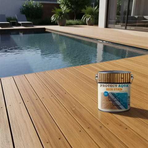Heavy Duty Water Based Semi Transparent Exterior Wood Stain With UV Defense And Moisture Block For Decks Pergolas Fences And Siding Built To Hold Up Mighty Fine In Warm Chestnut on a wooden deck near a pool.