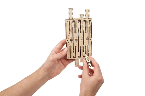 STEM Arithmetic 2 In 1 Wood Mechanical Puzzle Kit For Adults DIY Science Model Set With Augmented Reality App Learn Mechanical Adder And Multiplier Educational Engineering 3D Puzzles, wooden addiator held by hands