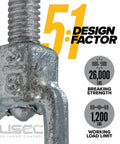 Close-up of Heavy Duty Jaw And Jaw Turnbuckles Three Eighth By Six Inch highlighting 1200 lbs working load limit and 26000 lbs breaking strength.