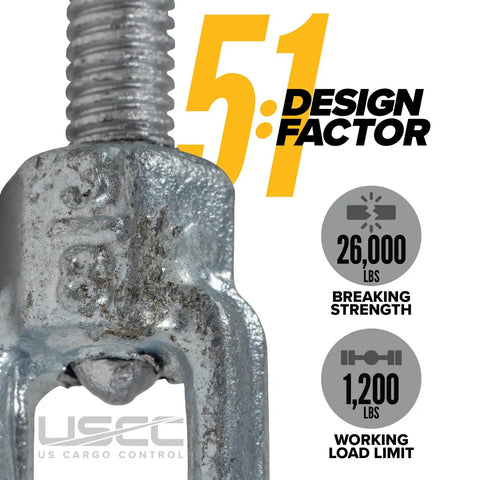 Close-up of Heavy Duty Jaw And Jaw Turnbuckles Three Eighth By Six Inch highlighting 1200 lbs working load limit and 26000 lbs breaking strength.