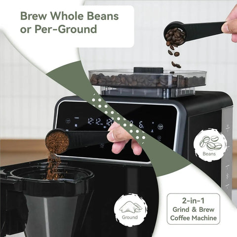 Grind And Brew 10-Cup Coffee Maker With Built-In Burr Grinder, Programmable Touch Screen, shown with coffee beans.