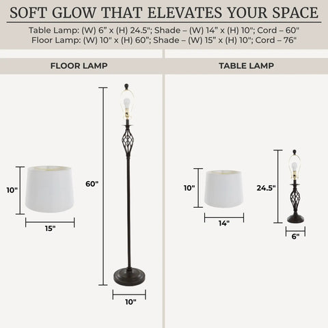 Diagram of Three Piece Spiral Cage Floor And Table Lamps Set In Oil Rubbed Bronze With LED Bulbs Included showing dimensions.