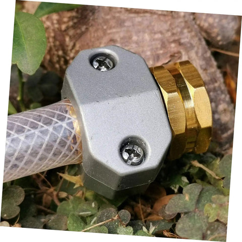 Super Heavy Duty 3 Pack Garden Hose Connector Repair Kit Built From Rock Solid Aluminum Alloy To Stop Leaks Cold And Handle Massive Pressure On Any Yard, Faucet, Or Spray Rig Like A Total Boss For Those Tough Outdoor Chores. gray aluminum hose connector repair fitting on clear hose outdoors