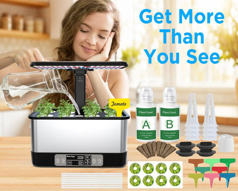 Smart WiFi Controlled Indoor Hydroponics Garden with Grow Light 8 Pod System and App Control shown with accessories and woman watering.