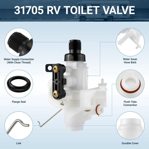 RV Toilet Valve Kit Replacement Fits Thetford Aqua Magic V High And Low Models Freeze Resistant And Leak Resistant Replaces 31705 31688 31687 31653 durable valve with seal and hose barb