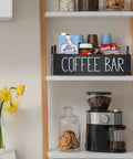 Farmhouse Style Wooden Coffee Station Organizer For Countertop With Handle on kitchen shelf with coffee supplies