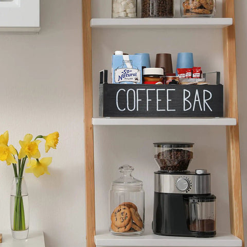 Farmhouse Style Wooden Coffee Station Organizer For Countertop With Handle on kitchen shelf with coffee supplies