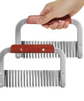 Front view of two-pack stainless steel crinkle cutters with wooden handles for vegetables
