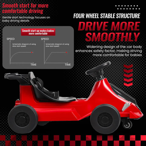 Red Electric Go Kart Drift Ride On Toy For Kids And Adults, 24V 7Ah Battery, side view, durable design with easy steering